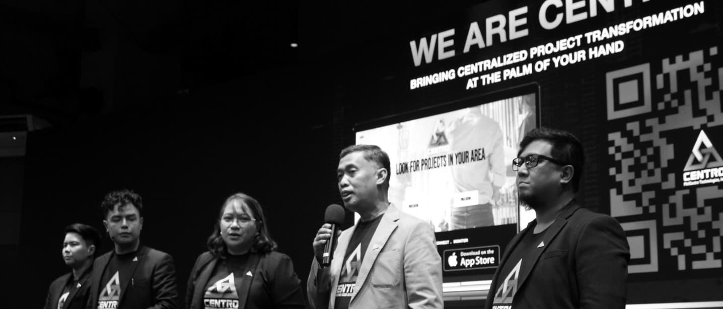 The PhilCentro team on stage presenting the CENTRO platform — 'We Are CENTRO: bringing centralized project transformation at the palm of your hand'